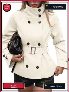 Cropped Trench Coat Funnel Neck Belted Jacket with Raglan Sleeves